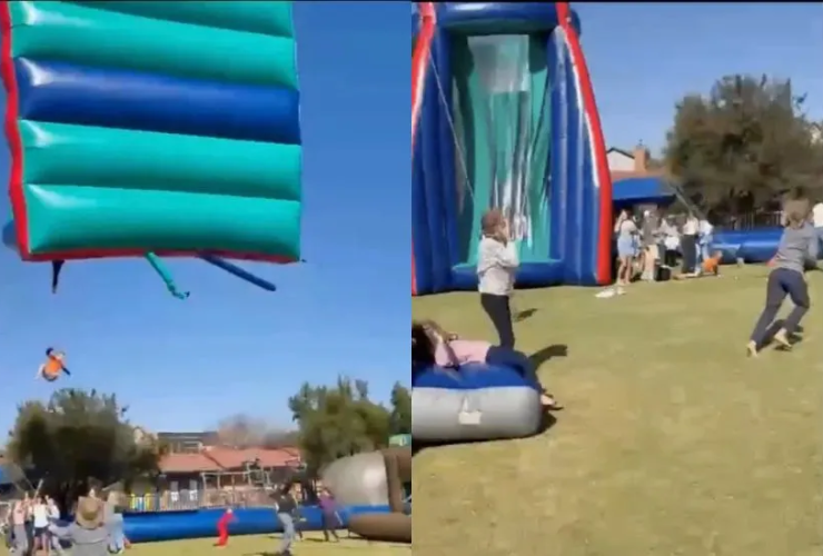 Acidente chocante: Crianças despencam de castelo inflável levado pelo vento e caem de 15 metros. 3 1 9