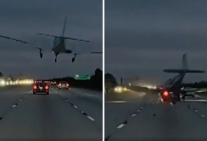 Aeronave aterrissa em rodovia e cai em cima de veículo 1 1 46